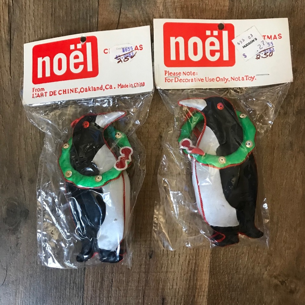 Two New Vintage Penguin with Wreath Ornaments Sequin Eyes Fabric